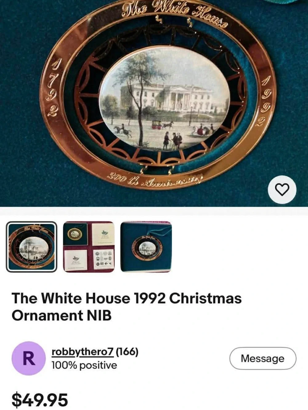 The White House 1992 Gold Holiday Ornament with Teal Ribbon